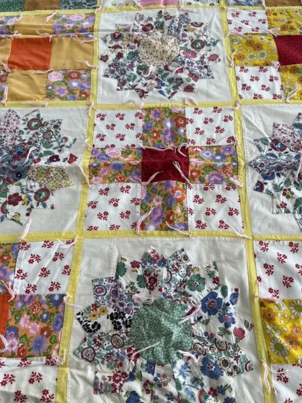 Feedsack Floral Patch Patchwork Quilt Throw Handmade Red Blue Vintage 50s 60s